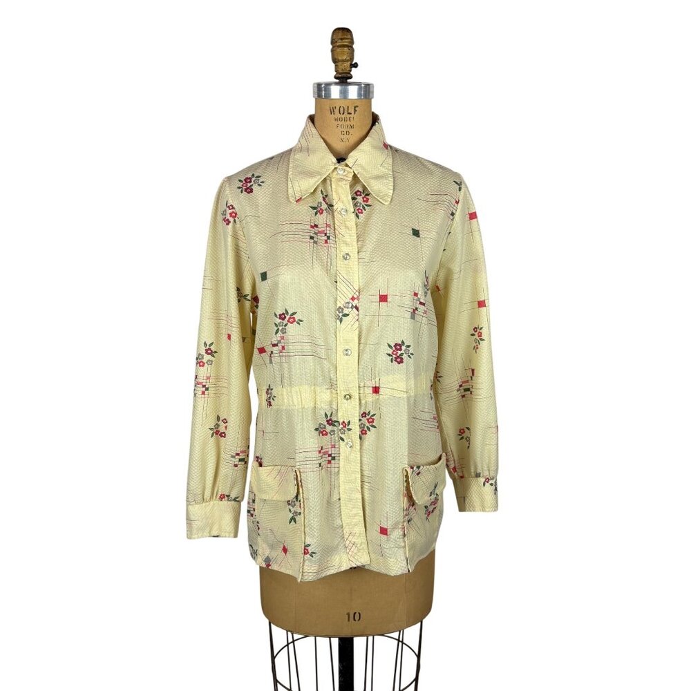 Vintage 70s Floral Shirt Womens Large Geometric Textured Long Sleeve Top - Picture 2 of 10